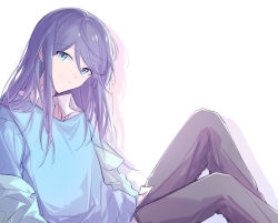 Rule 34 | 1girl, arms at sides, black hair, blue eyes, blue shirt, closed mouth, collared shirt, feet out of frame, flat chest, grey pants, hair over shoulder, head down, hibioes, highres, hoshino ichika (project sekai), knees up, long hair, long sleeves, looking at viewer, open clothes, pants, project sekai, shirt, simple background, sitting, smile, solo, swept bangs, tsurime, white background, white shirt