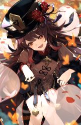 Rule 34 | 1girl, :d, absurdres, black hat, brown hair, feet out of frame, flower, genshin impact, ghost, hat, highres, hu tao (genshin impact), jewelry, knees together feet apart, kurowa (curowa), long hair, long sleeves, looking at viewer, open mouth, red eyes, red flower, rose, shirt, smile, solo
