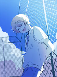 Rule 34 | 1boy, against fence, blonde hair, blue sky, chain-link fence, closed eyes, cloud, commentary request, fence, gradient hair, hair between eyes, highres, kamiyama high school uniform (project sekai), male focus, mokux (mo ku), multicolored hair, necktie, open mouth, orange eyes, project sekai, school uniform, short sleeves, sky, smile, solo, striped necktie, tenma tsukasa, vest