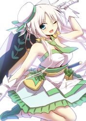 Rule 34 | 1girl, bare shoulders, blue eyes, blush, braid, flower knight girl, hat, looking at viewer, mizunashi (second run), one eye closed, open mouth, solo, sword, weapon, white hair
