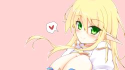 Rule 34 | 1girl, arch bishop (ragnarok online), blonde hair, blue dress, blush, breasts, cleavage, cleavage cutout, closed mouth, clothing cutout, commentary request, cross, dress, green eyes, hair between eyes, heart, juliet sleeves, large breasts, long hair, long sleeves, looking at viewer, miyano yuki, pink background, pointy ears, puffy sleeves, ragnarok online, simple background, smile, solo, spoken heart, two-tone dress, upper body, white dress
