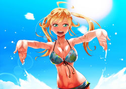 Rule 34 | 10s, 1girl, ahoge, bikini, blonde hair, blush, breasts, cleavage, floral print, front-tie top, green eyes, highres, hoshii miki, idolmaster, idolmaster (classic), idolmaster 2, large breasts, lens flare, long hair, looking at viewer, navel, open mouth, outstretched arms, shirihime, smile, solo, swimsuit, water, wet