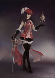 Rule 34 | 1girl, armlet, black footwear, black gloves, black hair, boots, bow, brown eyes, casondra logan, commission, final fantasy, final fantasy xiv, frilled gloves, frilled skirt, frills, full body, gloves, hat, highres, holding, holding sword, holding weapon, hyur, long hair, looking at viewer, rapier, red mage (final fantasy), simple background, skirt, sleeveless, solo, standing, sword, thigh boots, thighhighs, watermark, weapon, web address, white bow