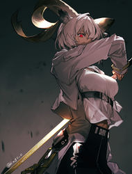 Rule 34 | 1girl, animal ears, arknights, black skirt, breasts, carnelian (arknights), cowboy shot, dark-skinned female, dark background, dark skin, goat ears, goat horns, gradient background, highres, holding, holding sword, holding weapon, horns, jacket, kawaguchi (mojacome), large breasts, long sleeves, looking at viewer, midriff peek, navel, open clothes, open jacket, red eyes, shirt, short hair, silver hair, skirt, solo, sword, underbust, weapon, white background, white jacket, white shirt