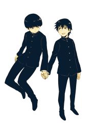 Rule 34 | 10s, 2boys, :d, arms at sides, black footwear, black hair, black pants, blunt bangs, bowl cut, brothers, closed mouth, floating, full body, gakuran, hair between eyes, holding hands, kageyama ritsu, kageyama shigeo, kakuu, long sleeves, looking at another, looking to the side, male focus, mob psycho 100, multiple boys, open mouth, pants, school uniform, shoes, siblings, simple background, smile, standing, white background