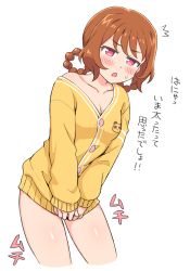 Rule 34 | 1girl, blush, braid, braided hair rings, breasts, brown hair, cleavage, collarbone, delicious party precure, hanamichi ran, highres, looking at viewer, off shoulder, open mouth, pajamas, precure, red eyes, short hair, simple background, small breasts, solo, standing, sweatdrop, thighs, translation request, white background, yellow pajamas, yoban