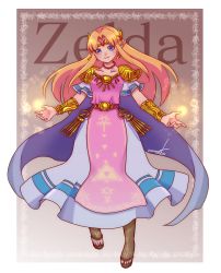Rule 34 | 1girl, armor, armored dress, belt, blonde hair, blue eyes, brown background, character name, circlet, collarbone, dress, earrings, full body, highres, jewelry, long hair, nintendo, nonoworks, outstretched arms, pauldrons, pointy ears, princess zelda, sandals, shoulder armor, smile, solo, the legend of zelda, the legend of zelda: a link between worlds, triforce earrings, wrist guards
