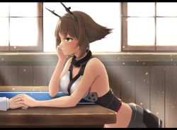 Rule 34 | 10s, 1girl, arm rest, bare arms, bare shoulders, blush, breasts, brown hair, closed mouth, desk, eyebrows, from side, gloves, gorget, green eyes, hairband, hand grab, hand on own cheek, hand on own face, happy, head rest, headgear, highres, jewelry, kantai collection, leaning forward, letterboxed, light particles, medium breasts, midriff, miniskirt, monoku, mutsu (kancolle), out of frame, profile, ring, short hair, skirt, solo focus, sunlight, upper body, wedding band, white gloves, window, wooden wall