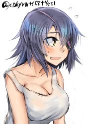 Rule 34 | 1girl, bad id, bad twitter id, bare shoulders, breasts, cleavage, collarbone, commentary request, eyepatch, flying sweatdrops, highres, kantai collection, large breasts, looking to the side, no headgear, one-hour drawing challenge, purple hair, short hair, simple background, solo, tank top, tenryuu (kancolle), twitter username, upper body, white background, yellow eyes, zombie mogura