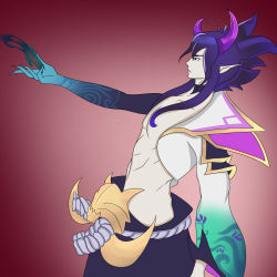 Rule 34 | 1boy, absurdres, collarbone, cowboy shot, demon boy, from side, highres, league of legends, male focus, outstretched arm, pointy ears, purple eyes, purple hair, red background, self-upload, shamashio, solo, spirit blossom thresh, tagme, thresh (league of legends)