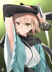 Rule 34 | 1girl, ahoge, arm guards, armpits, black bow, black scarf, blonde hair, bow, breasts, closed mouth, fate/grand order, fate (series), hair between eyes, hair bow, half updo, haori, holding, holding sword, holding weapon, japanese clothes, katana, kimono, koha-ace, looking at viewer, murio, okita souji (fate), okita souji (koha-ace), sash, scarf, short hair, sleeveless, sleeveless kimono, smile, solo, sword, v-shaped eyebrows, weapon, white kimono, wide sleeves, yellow eyes