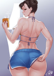 Rule 34 | 1girl, adjusting clothes, adjusting panties, ass, bare shoulders, breasts, brown eyes, brown hair, cameltoe, capcom, chun-li, cowboy shot, cup, curtains, dolphin shorts, double bun, from behind, gonster, hair bun, halterneck, highres, holding, holding cup, large breasts, muscular, muscular female, panties, panty peek, pantylines, shorts, solo, street fighter, underwear