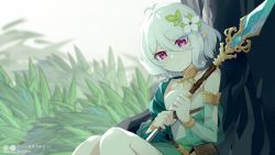 Rule 34 | 1girl, antenna hair, breasts, closed mouth, commentary request, detached sleeves, dress, flower, grass, green sleeves, hair between eyes, hair flower, hair ornament, head tilt, holding, holding polearm, holding spear, holding weapon, kokkoro (princess connect!), long sleeves, looking at viewer, pointy ears, polearm, princess connect!, puffy long sleeves, puffy sleeves, purple eyes, see-through, see-through sleeves, sitting, sleeveless, sleeveless dress, small breasts, smile, solo, spear, tree, two-handed, weapon, white dress, white flower, white hair, xiujia yihuizi