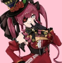 Rule 34 | + +, 1girl, biting, black gloves, breasts, chain, cleavage, detached sleeves, eyepatch, flower, gloves, grin, hair ribbon, hat, hat flower, highres, hololive, houshou marine, juliet sleeves, large breasts, long sleeves, panyatteria, pink background, puffy sleeves, red hair, removing glove, ribbon, see-through, see-through cleavage, smile, solo, top hat, twintails, virtual youtuber, yellow eyes