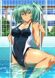 Rule 34 | 1girl, breasts, competition swimsuit, female focus, green eyes, green hair, ikkitousen, large breasts, looking at viewer, one-piece swimsuit, ryofu housen, shiny skin, smile, swimsuit, twintails, water