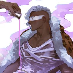 Rule 34 | 1boy, ares, ares (hades), artist name, bara, belt, cup, dark-skinned male, dark skin, dripping, fog, hades (series), hades 1, highres, jacket, looking to the side, male focus, muscular, muscular male, o3tofu, paint, paint on body, pectoral cleavage, pectorals, pink liquid, red eyes, see-through, see-through shirt, silver hair, toga, upper body, wet, wet clothes