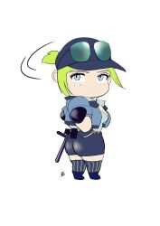 Rule 34 | 1girl, ass, baton (weapon), blonde hair, blue eyes, breasts, capcom, chibi, elbow pads, final fight, final fight 3, hands on own hips, hat, highres, hiroshi mono, lucia morgan, medium breasts, police, police uniform, policewoman, ponytail, shorts, sidelocks, solo, street fighter, street fighter v, striped clothes, striped thighhighs, sunglasses, sunglasses on head, thick thighs, thighhighs, thighs, uniform, weapon