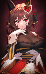 Rule 34 | 1girl, animal ears, answering, artist name, bare shoulders, braid, breasts, brown hair, closed mouth, commentary request, ear covers, gentildonna (umamusume), gloves, gradient background, hair between eyes, hair ornament, heart, heart hair ornament, highres, horse ears, horse girl, large breasts, looking at viewer, red background, red eyes, smile, solo, striped sleeves, umamusume, white gloves