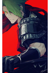 Rule 34 | 1boy, achilles (fate), arm armor, armor, breastplate, closed mouth, detached sleeves, fate/apocrypha, fate/grand order, fate (series), fighting stance, gradient hair, green hair, hair over one eye, holding, holding lance, holding polearm, holding weapon, lance, looking at viewer, male focus, manly, multicolored hair, polearm, red background, sei 8220, signature, simple background, upper body, weapon
