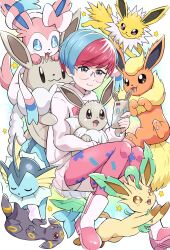 Rule 34 | 1girl, absurdres, alternate color, aqua hair, boots, closed mouth, commentary request, creatures (company), eevee, flareon, game freak, gen 1 pokemon, gen 2 pokemon, gen 4 pokemon, gen 6 pokemon, glasses, grey eyes, highres, holding, holding phone, hood, hoodie, jolteon, leafeon, looking down, multicolored hair, nintendo, pantyhose, penny (pokemon), phone, pink pantyhose, pokemoa, pokemon, pokemon (creature), pokemon masters ex, rotom, rotom phone, round eyewear, see-through, see-through skirt, short hair, shorts, shorts under skirt, skirt, smile, star (symbol), sylveon, two-tone hair, umbreon, vaporeon, white footwear, white hoodie, white shorts