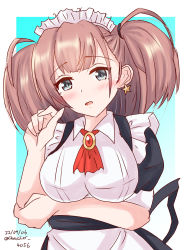 Rule 34 | 1girl, alternate costume, apron, ascot, atlanta (kancolle), black dress, breasts, brown hair, commentary request, dress, earrings, enmaided, frilled apron, frills, grey eyes, highres, jewelry, kantai collection, large breasts, long hair, maid, maid headdress, one-hour drawing challenge, red ascot, sawatani (chevalier 04056), solo, star (symbol), star earrings, two side up, upper body, white apron