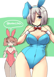 Rule 34 | 10s, 2girls, animal ears, bare legs, bare shoulders, black legwear, blue eyes, blue leotard, bow, bowtie, breast envy, breasts, brown hair, cleavage, detached collar, fake animal ears, fishnet pantyhose, fishnets, flat chest, hair ornament, hair over one eye, hairclip, hamakaze (kancolle), kantai collection, leotard, long hair, multiple girls, open mouth, pantyhose, playboy bunny, rabbit ears, red leotard, ryuujou (kancolle), shinshin, short hair, silver hair, sweatdrop, twintails, wrist cuffs