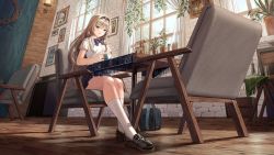 Rule 34 | an-94 (girls&#039; frontline), bag, blonde hair, blue eyes, blue skirt, blurry, blurry background, blush, breasts, chair, cup, desk, girls&#039; frontline, hair ornament, headband, legs, long hair, looking at another, looking at viewer, looking down, ribbon, shirt, shoes, short sleeves, silence girl, skirt, solo, table, teacup, thighs, tree, twintails, window, wooden chair, wooden floor, wooden table