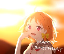 Rule 34 | 1girl, artist name, artist request, blush, bow, breasts, cloud, clover hair ornament, collarbone, detached sleeves, female focus, hair bow, hair ornament, hairclip, long sleeves, looking at viewer, love live!, love live! sunshine!!, mizunzum0101, orange hair, orange sky, outdoors, parted lips, red eyes, red neckwear, ribbon, sailor collar, school uniform, shirt, short hair, sky, small breasts, smile, solo, takami chika, white shirt, yellow bow