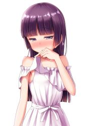 Rule 34 | 1girl, bare shoulders, black hair, blunt bangs, blush, bow, collarbone, commentary request, dress, embarrassed, eyebrows, flat chest, frilled dress, frills, gokou ruri, half-closed eyes, hand up, highres, hime cut, long hair, looking down, mole, mole under eye, nose blush, off shoulder, off shoulder dress, ore no imouto ga konna ni kawaii wake ga nai, parted lips, purple eyes, ribbon, shiny skin, simple background, solo, standing, strap, takatsuki akira, upper body, white background, white dress