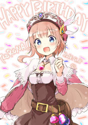 Rule 34 | 1girl, :d, absurdres, atelier (series), atelier rorona, bad id, bad pixiv id, belt, blue eyes, blush, brown dress, brown hair, capelet, character name, confetti, dated, dress, happy birthday, hat, highres, jewelry, looking at viewer, minidraco, necklace, open mouth, rororina fryxell, short hair, simple background, smile, solo, upper body, white background