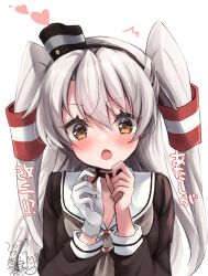Rule 34 | 1girl, absurdres, amatsukaze (kancolle), brown dress, brown eyes, dress, gloves, hair between eyes, hair tubes, hat, heart, highres, kantai collection, lifebuoy ornament, long hair, long sleeves, looking at viewer, mashiro yukiya, mini hat, open mouth, sailor dress, single glove, smokestack hair ornament, solo, translation request, two side up, very long hair, white gloves, white hair