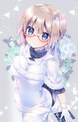 Rule 34 | 1girl, alternate costume, blue bow, blue eyes, blush, bow, breasts, brown hair, buttons, cape, flower, from above, glasses, gloves, grey background, hair between eyes, hair bow, hair intakes, i-8 (kancolle), kantai collection, looking at viewer, medium breasts, nemuri nemu, parted lips, red-framed eyewear, semi-rimless eyewear, short sleeves, sidelocks, solo, standing, standing on one leg, twitter username, under-rim eyewear, white cape, white flower, white gloves