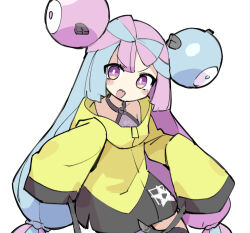 Rule 34 | 1girl, bike shorts, blue hair, blush, bow-shaped hair, character hair ornament, creatures (company), fusazakura, game freak, grey shirt, hair ornament, iono (pokemon), jacket, long hair, looking at viewer, low-tied long hair, multicolored hair, nintendo, no nose, open mouth, oversized clothes, pink hair, pokemon, pokemon sv, purple eyes, sharp teeth, shirt, simple background, sleeveless, sleeveless shirt, sleeves past fingers, sleeves past wrists, smile, solo, star (symbol), teeth, thigh strap, two-tone hair, upper teeth only, very long hair, white background, yellow jacket