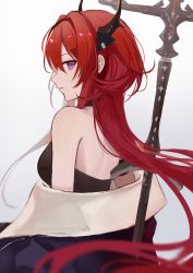 Rule 34 | 1girl, arknights, azuazu 0405, black jacket, black shirt, demon horns, from behind, hair intakes, highres, horns, jacket, looking at viewer, looking back, off shoulder, open clothes, open jacket, profile, purple eyes, red hair, shirt, sideways glance, simple background, solo, strapless, strapless shirt, surtr (arknights), sword, upper body, weapon, white background