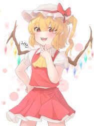 Rule 34 | 1girl, :3, absurdres, ascot, blonde hair, bow, commentary request, fangs, flandre scarlet, hair between eyes, hand on own hip, hat, hat bow, highres, jewelry, medium hair, miniskirt, mob cap, multiple rings, one side up, open mouth, puffy short sleeves, puffy sleeves, red bow, red eyes, red skirt, ring, short sleeves, skirt, skirt set, smile, solo, suwa (au swap), touhou, yellow ascot