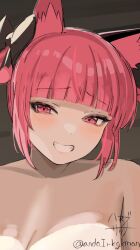 Rule 34 | 1girl, animal ear fluff, animal ears, black bow, bow, breasts, cat ears, close-up, commentary request, grey background, grin, hair bow, half-closed eyes, hamaburicchi, kaenbyou rin, large breasts, light blush, looking at viewer, nude, paid reward available, pink eyes, pink hair, raised eyebrows, simple background, smile, solo, touhou, tsurime, upper body