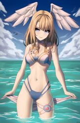 Rule 34 | 1girl, absurdres, bikini, bird, blue eyes, blue sky, breasts, brown hair, choker, cleavage, cloud, cloudy sky, commentary, eunie (xenoblade), head wings, highres, looking at viewer, medium breasts, navel, ocean, official alternate costume, partially submerged, sky, smile, solo, swimsuit, thigh strap, thighs, white choker, white wings, wings, x xith x, xenoblade chronicles (series), xenoblade chronicles 3