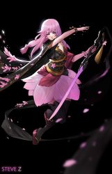 Rule 34 | 1girl, absurdres, artist name, asymmetrical sleeves, black background, black thighhighs, blush, bracelet, breasts, cherry blossoms, closed mouth, collarbone, commentary, earrings, fingernails, floral print, flower, flower earrings, hands up, highres, holding, holding sword, holding weapon, japanese clothes, jewelry, kimono, kimono skirt, layered clothes, layered kimono, leaf, leaf skirt, long fingernails, long hair, looking at viewer, low tied hair, mismatched sleeves, nail polish, necklace, obi, original, personification, petals, pink hair, pink nails, purple eyes, sandals, sash, simple background, skirt, smile, solo, steve zheng, sword, tassel, thighhighs, weapon, wide sleeves