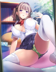 Rule 34 | 1girl, blush, book, bookshelf, bow, bowtie, breasts, brown hair, cellphone, clothes lift, covered erect nipples, green panties, highres, kaniya shiku, large breasts, looking at viewer, mirror, one side up, open mouth, original, panties, phone, pleated skirt, purple eyes, red bow, red bowtie, reflection, school uniform, selfie, short hair, skirt, skirt lift, smartphone, solo, spread legs, taking picture, thighhighs, unbuttoned, unbuttoned shirt, underwear, white thighhighs