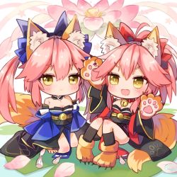 Rule 34 | 00tuma00, 10s, 2girls, animal ears, animal hands, bell, blue legwear, blush, bow, breasts, chibi, cleavage, collar, detached sleeves, dual persona, fang, fate/extra, fate/grand order, fate (series), flower, fox ears, fox tail, gloves, hair bow, hair ribbon, japanese clothes, kneeling, long hair, looking at viewer, medium breasts, multiple girls, neck bell, open mouth, paw gloves, paw shoes, pink hair, ribbon, shoes, sitting, smile, tail, tamamo (fate), tamamo cat (fate), tamamo cat (first ascension) (fate), tamamo no mae (fate/extra), yellow eyes