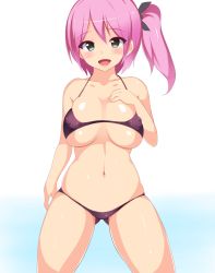Rule 34 | 1girl, bare shoulders, bikini, blue eyes, breasts, cleavage, covered erect nipples, highres, huge breasts, karaage teishoku (regret1994), long hair, looking at viewer, navel, open mouth, original, pink hair, purple bikini, side ponytail, simple background, smile, solo, swimsuit, thighs, white background