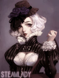 Rule 34 | 1girl, breasts, cglange, cleavage, flower, hat, large breasts, lips, looking at viewer, mini hat, neck ruff, no lineart, original, purple eyes, short hair, solo, steampunk, upper body, victorian, white hair