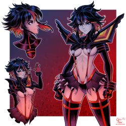Rule 34 | 1girl, absurdres, arms at sides, arms behind back, artist name, black footwear, black gloves, black hair, blue eyes, blush, boots, border, breasts, clenched hands, closed mouth, commentary, cowboy shot, cropped legs, english commentary, gloves, hand up, highres, kill la kill, kluverdesigns, light smile, looking at viewer, looking up, matoi ryuuko, medium breasts, microskirt, multicolored hair, multiple views, navel, parted lips, pleated skirt, red hair, revealing clothes, senketsu, serious, short hair, skirt, stomach, streaked hair, suspenders, thigh boots, thighhighs, toned, underboob, v-shaped eyebrows, waving, white border