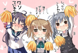 Rule 34 | &gt; &lt;, 10s, 3girls, akebono (kancolle), arms up, bell, blush, brown hair, buttons, closed eyes, commentary request, double bun, dress, flower, furrowed brow, grey hair, hair bell, hair bun, hair flower, hair ornament, heart, heart-shaped pupils, jingle bell, kantai collection, kasumi (kancolle), matsushita yuu, michishio (kancolle), multiple girls, open mouth, pinafore dress, pom pom (cheerleading), purple hair, rectangular mouth, remodel (kantai collection), school uniform, serafuku, side ponytail, skirt, sleeveless dress, suspender skirt, suspenders, symbol-shaped pupils, translation request, wavy mouth