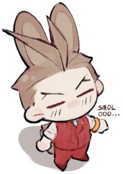 Rule 34 | 1boy, ace attorney, animal ears, antenna hair, apollo justice, aqua necktie, arms at sides, blush, bracelet, brown hair, chibi, closed eyes, collared shirt, e schaton, english text, forked eyebrows, formal, jewelry, lapel pin, lapels, male focus, necktie, no mouth, no nose, pants, pocket, rabbit boy, rabbit ears, red footwear, red pants, red suit, red vest, shirt, short hair, simple background, sleeves rolled up, solo, standing, suit, tail, vest, white background, white shirt