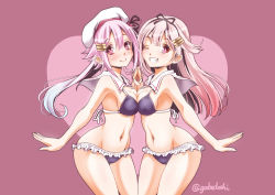 Rule 34 | 10s, 2girls, bare shoulders, beret, bikini, blonde hair, blue hair, breast press, breasts, detached collar, gradient hair, grin, harusame (kancolle), hat, heart, kantai collection, long hair, looking at viewer, multicolored hair, multiple girls, navel, pink eyes, pink hair, remodel (kantai collection), side ponytail, simple background, smile, sogabe toshinori, swimsuit, symmetrical docking, yuudachi (kancolle)