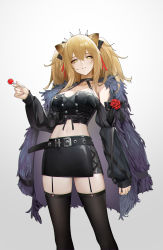 Rule 34 | 1girl, absurdres, alternate costume, animal ears, arknights, armpit crease, belt, belt buckle, black belt, black choker, black coat, black skirt, black thighhighs, blonde hair, breasts, buckle, candy, choker, cleavage, coat, coat on shoulders, crop top, feet out of frame, flower, food, fur-trimmed coat, fur coat, fur trim, garter straps, genera-x, gradient background, hand up, highres, holding, holding candy, holding food, large breasts, lion ears, lollipop, long hair, long sleeves, looking at viewer, midriff, miniskirt, navel, open clothes, open coat, parted lips, red flower, red rose, rose, siege (arknights), simple background, skirt, smile, solo, standing, stomach, thighhighs, twintails, white background, yellow eyes, zettai ryouiki