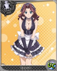 Rule 34 | 10s, 1girl, apron, artist request, blue eyes, breasts, brown hair, burent, card (medium), character name, chess piece, cleavage, halftone, halftone background, high school dxd, jpeg artifacts, king (chess), long hair, maid, maid apron, maid headdress, official art, solo, trading card, yellow background
