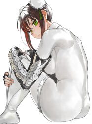 1girl absurdres arm_guards ass back black_bodysuit black_gloves black_hair blush bodysuit breasts bun_cover double_bun elbow_gloves eyeliner fate/grand_order fate_(series) fingerless_gloves gloves green_eyes green_ribbon hair_bun hair_ribbon highres jewelry kamisato_sora large_breasts looking_at_viewer looking_back makeup medium_hair qin_liangyu_(fate) ribbon sidelocks sitting solo white_bodysuit