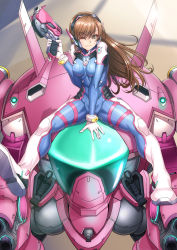 Rule 34 | 1girl, ;), acronym, animal print, arm cannon, armor, between legs, blue bodysuit, blush, bodysuit, boots, bracer, breast press, breasts, breasts apart, brown eyes, brown hair, blowing bubbles, character name, charm (object), chewing gum, closed mouth, covered erect nipples, covered navel, d.va (overwatch), eyelashes, facepaint, facial mark, finger on trigger, gatling gun, gloves, gun, hand between legs, hand up, hands up, headphones, heart, knee pads, lips, long hair, long sleeves, mecha, medium breasts, meka (overwatch), one eye closed, overwatch, overwatch 1, pauldrons, pilot suit, rabbit print, ribbed bodysuit, robot, shiny clothes, shoulder armor, shoulder pads, sitting, skin tight, skindentation, smile, solo, spread legs, syunzou, thigh boots, thigh strap, thighhighs, trigger discipline, turtleneck, w, weapon, whisker markings, white footwear, white gloves